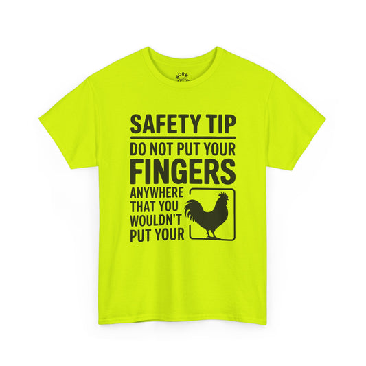 Neon green t-shirt with safety-themed text and graphic on a white background