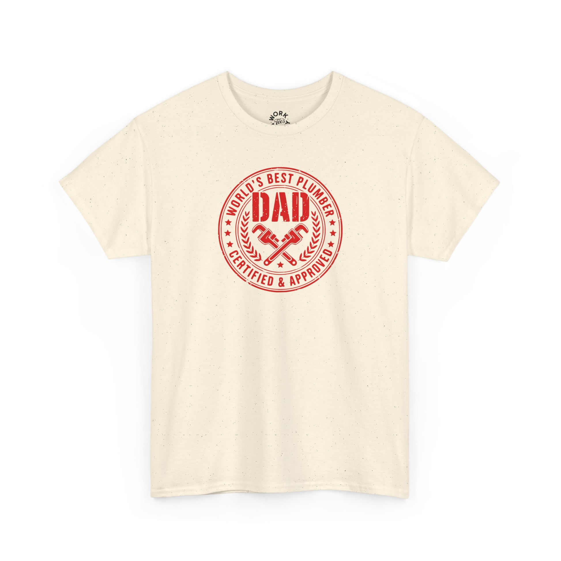 Beige t-shirt with red 'DAD' graphic on a white background