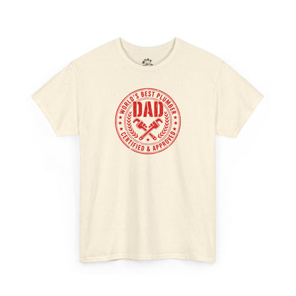 Beige t-shirt with red 'DAD' graphic on a white background