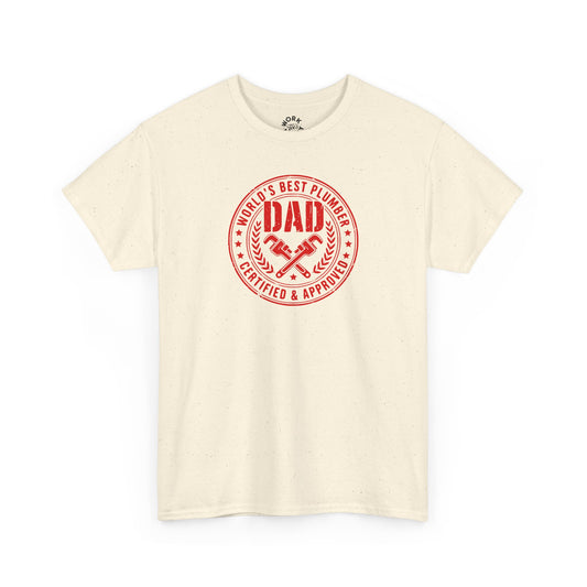 Beige t-shirt with red 'DAD' graphic on a white background