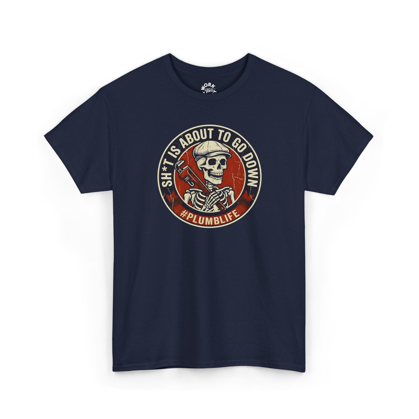 Navy blue t-shirt with a graphic design featuring a skull and text on a white background