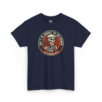 Navy blue t-shirt with a graphic design featuring a skull and text on a white background