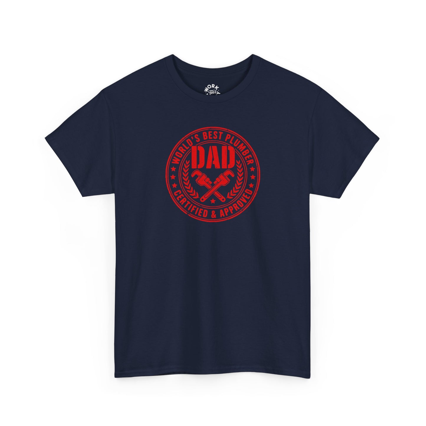 Navy blue t-shirt with red 'DAD' graphic on a white background