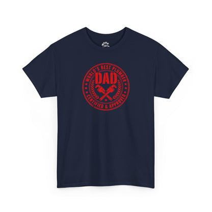 Navy blue t-shirt with red 'DAD' graphic on a white background