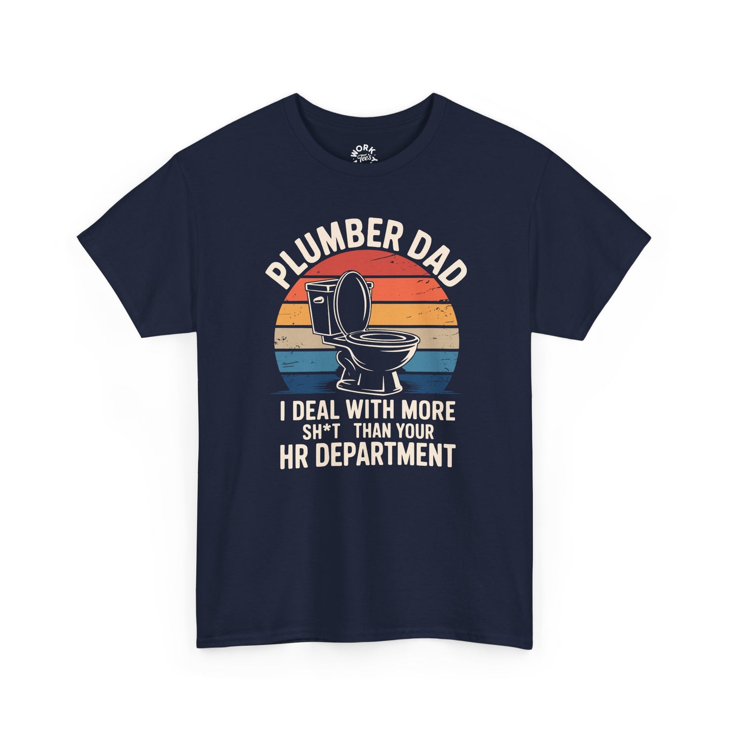Navy blue t-shirt with a graphic and text 'Plumber Dad' on a white background