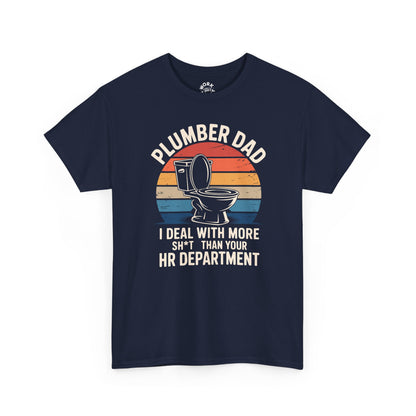 Navy blue t-shirt with a graphic and text 'Plumber Dad' on a white background