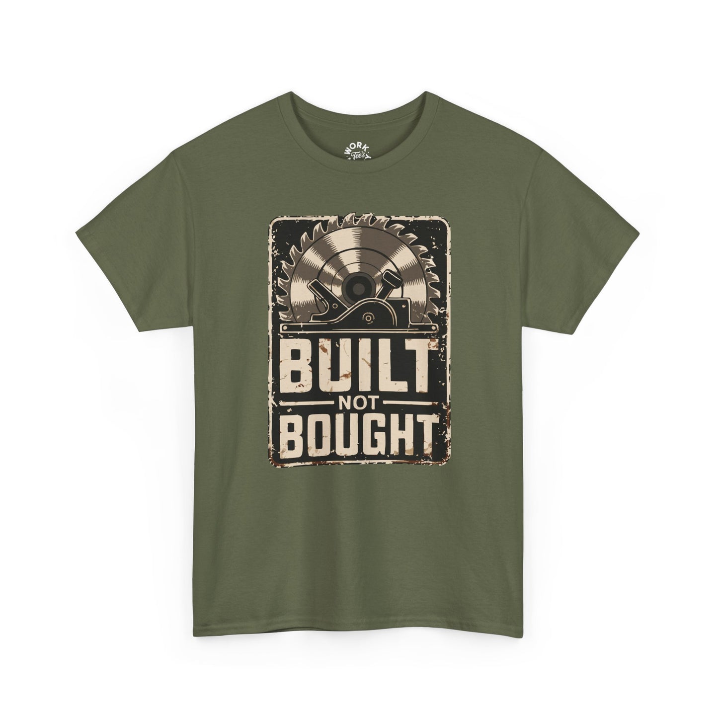 Green t-shirt with 'Built Not Bought' graphic design on a white background