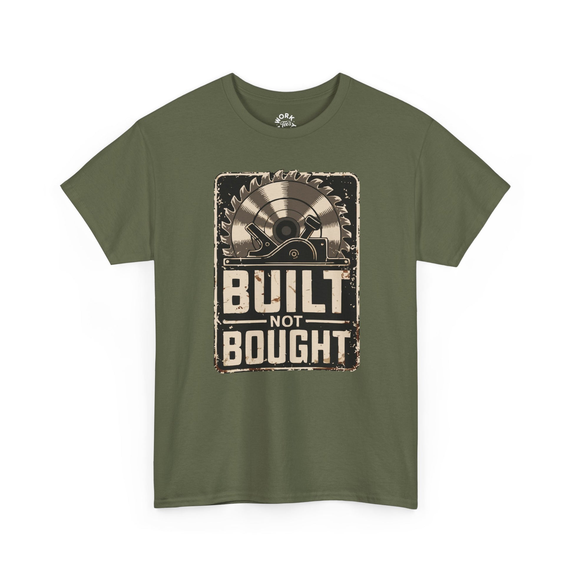 Green t-shirt with 'Built Not Bought' graphic design on a white background