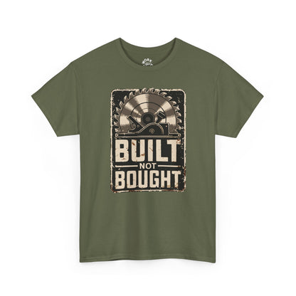 Green t-shirt with 'Built Not Bought' graphic design on a white background