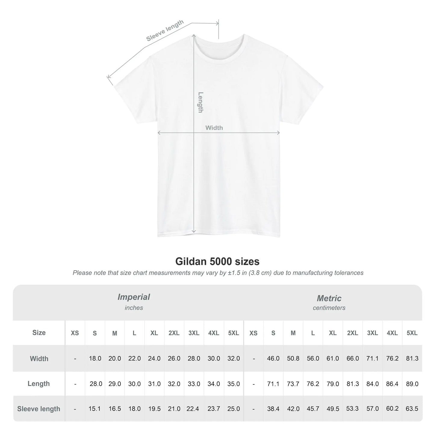 White t-shirt with measurement chart for Gildan 5000 sizes on a white background