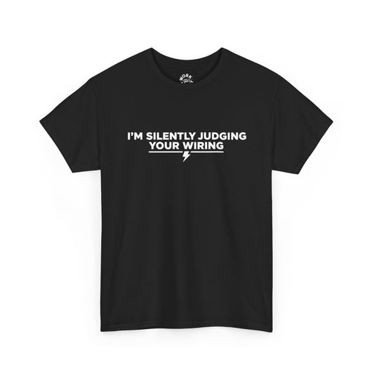 Black t-shirt with white text on a white background