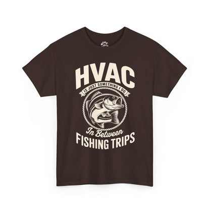 Brown t-shirt with HVAC fishing graphic design on a white background