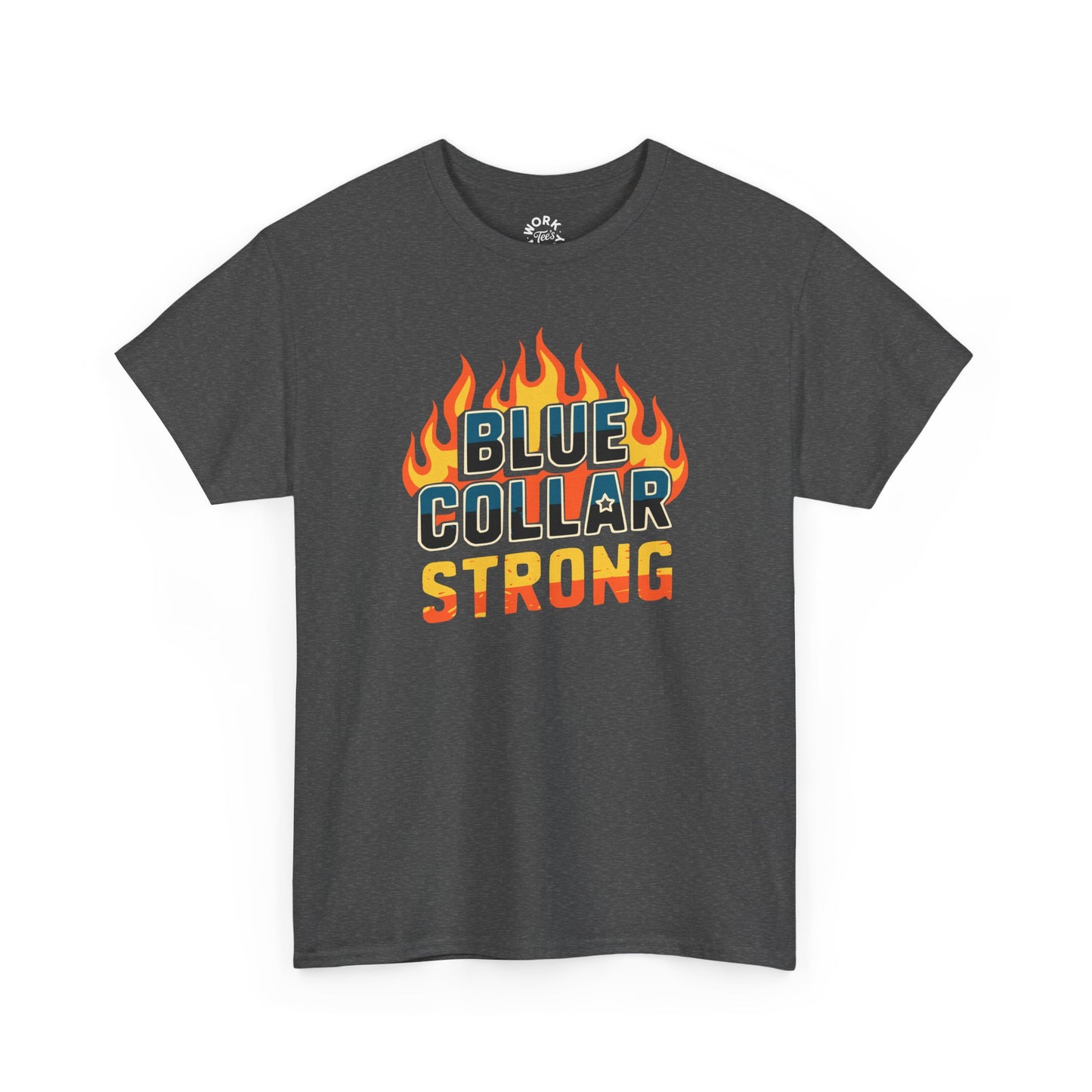 Gray t-shirt with 'Blue Collar Strong' graphic on a white background