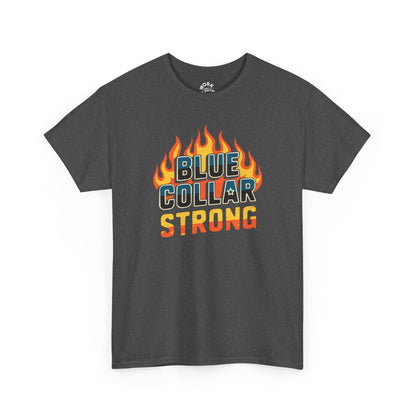 Gray t-shirt with 'Blue Collar Strong' graphic on a white background