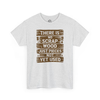 White t-shirt with brown text design on a white background