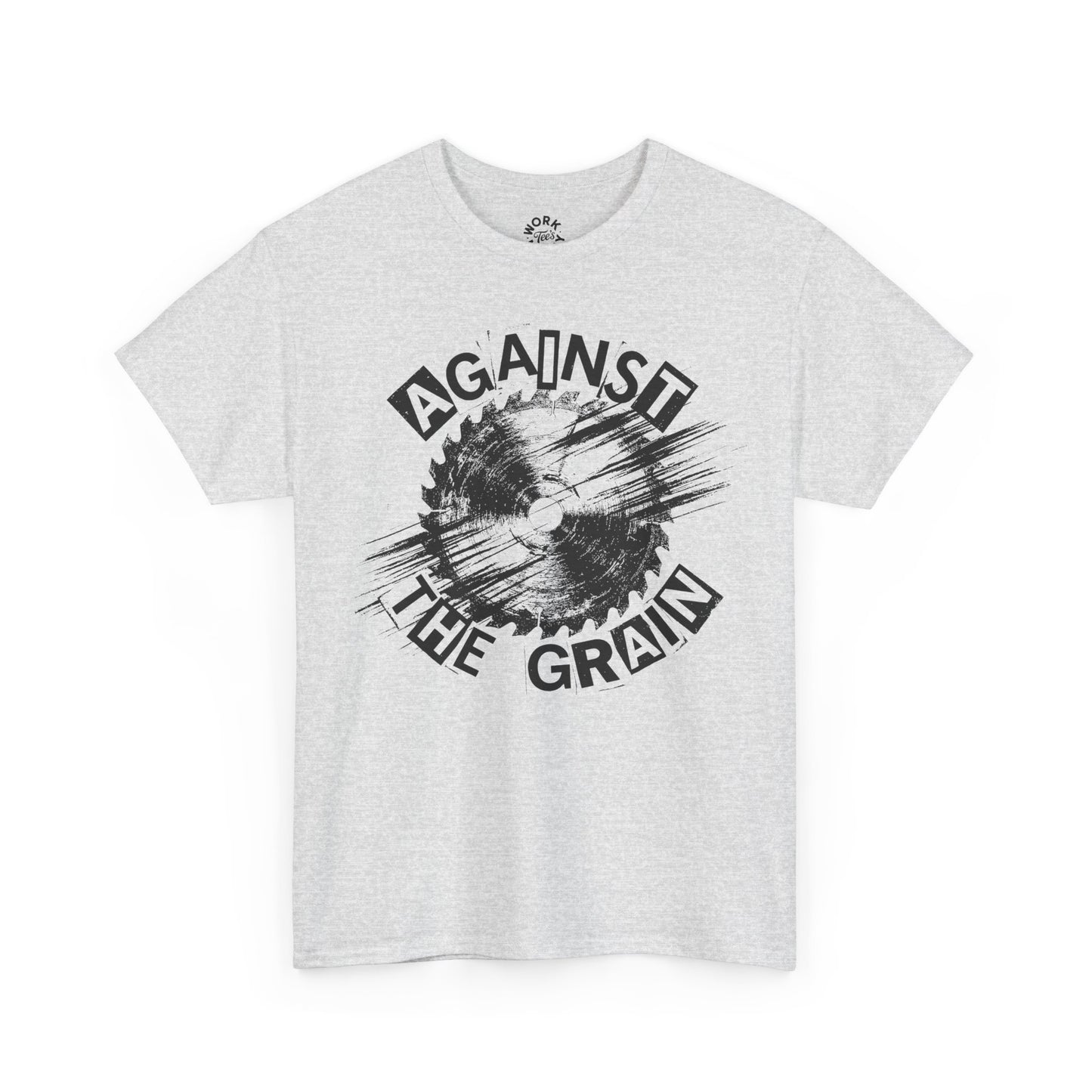 White t-shirt with 'Against the Grain' graphic design on a white background