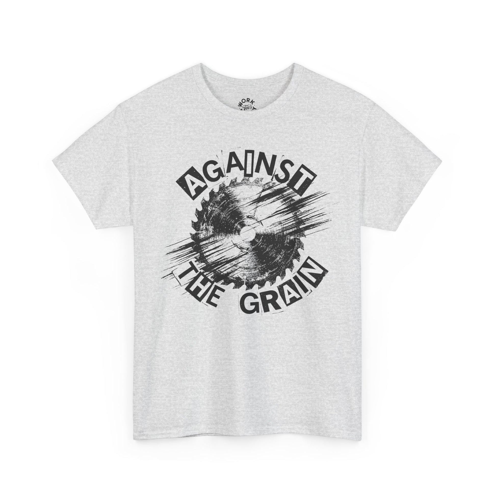 White t-shirt with 'Against the Grain' graphic design on a white background