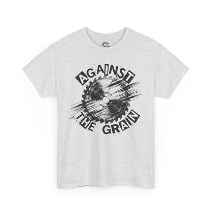 White t-shirt with 'Against the Grain' graphic design on a white background