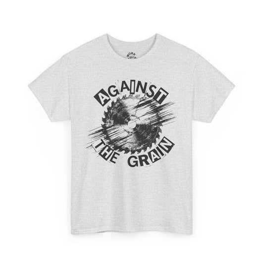 White t-shirt with 'Against the Grain' graphic design on a white background