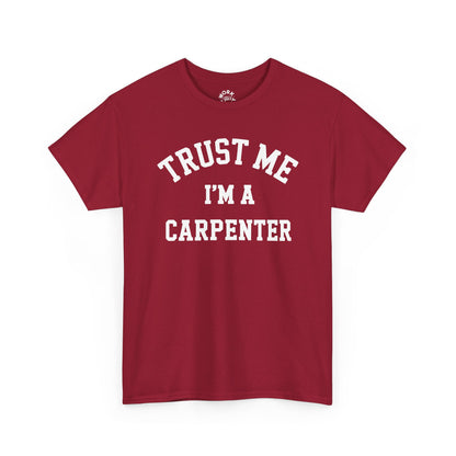 Red t-shirt with 'Trust Me I'm a Carpenter' text on a white background