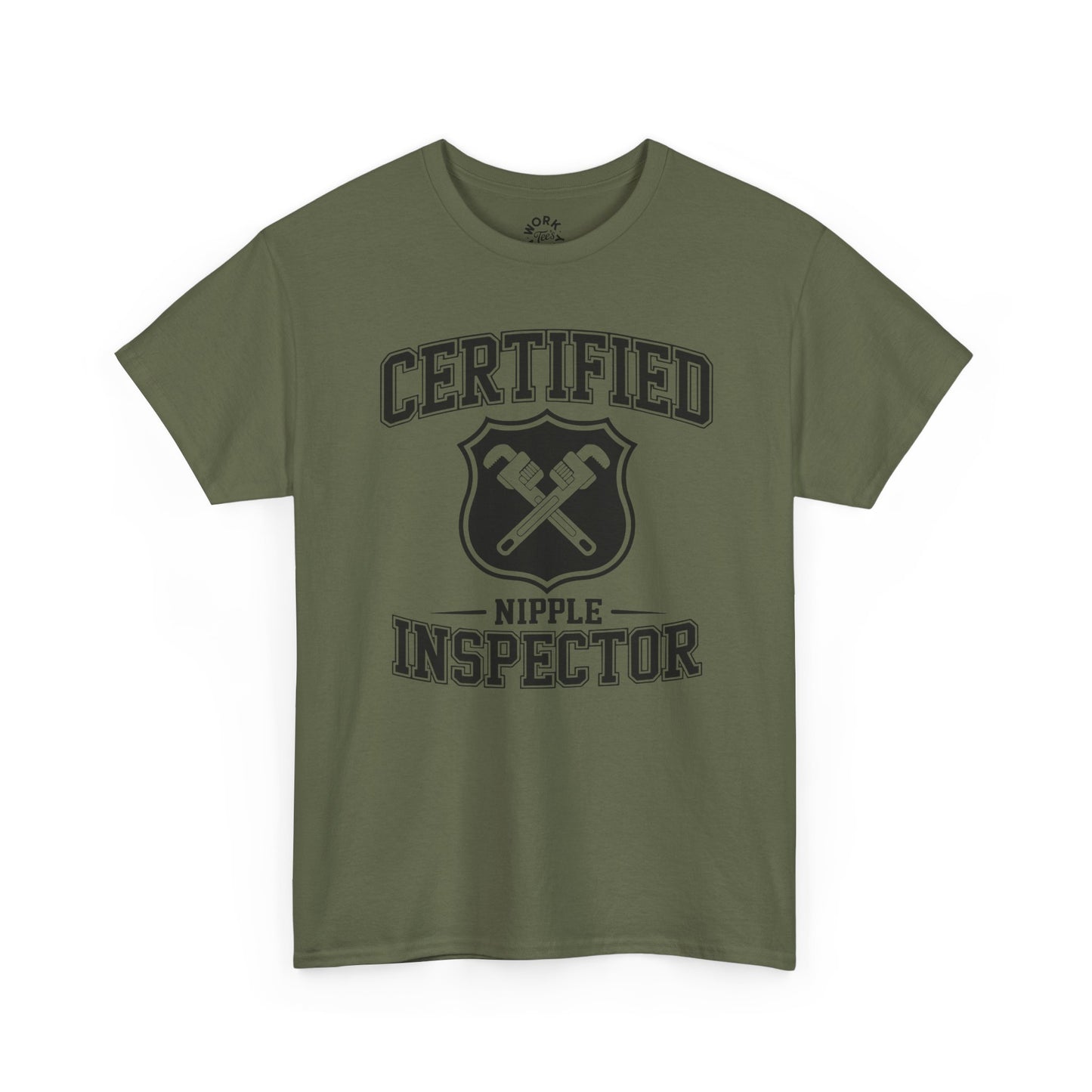 Green t-shirt with 'Certified Nipple Inspector' text on a white background