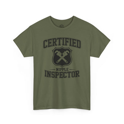 Green t-shirt with 'Certified Nipple Inspector' text on a white background