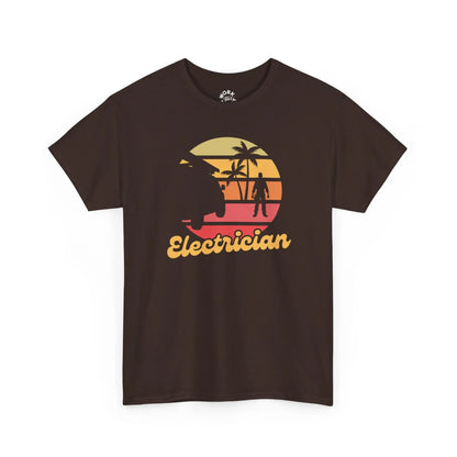 Brown t-shirt with a graphic design and the word 'Electrician' on a white background
