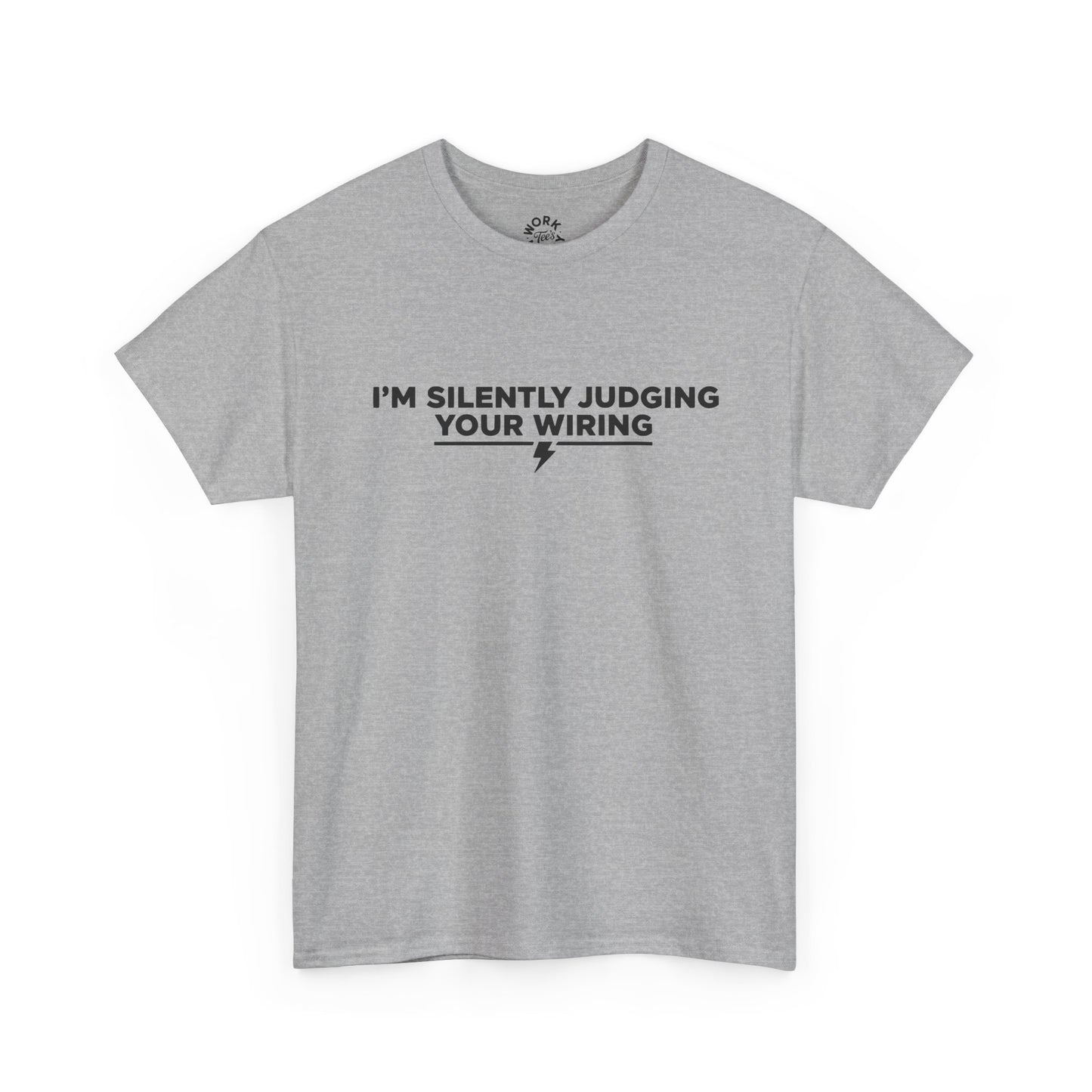 Gray t-shirt with black text on a white background