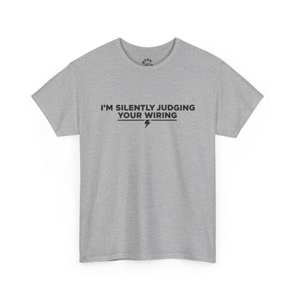 Gray t-shirt with black text on a white background