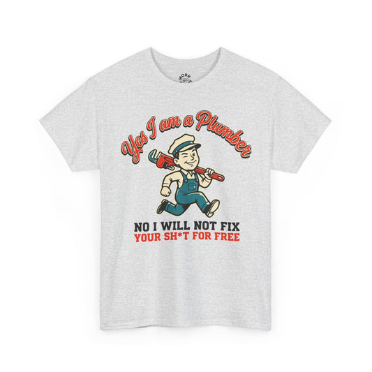 White t-shirt with a plumber graphic and text on a white background