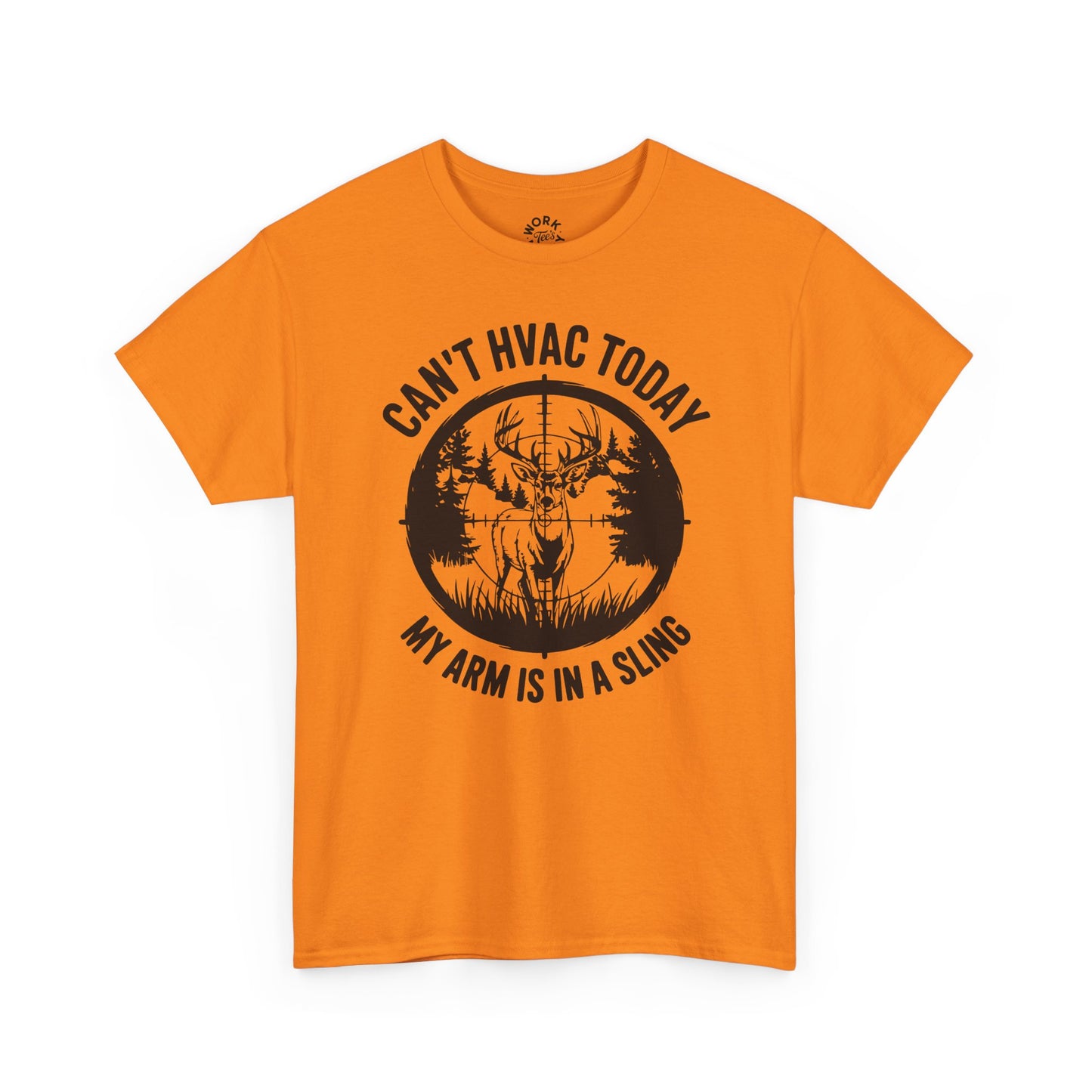 Orange t-shirt with a graphic and text on a white background