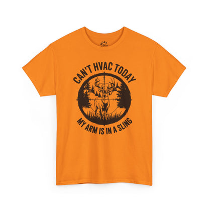 Orange t-shirt with a graphic and text on a white background