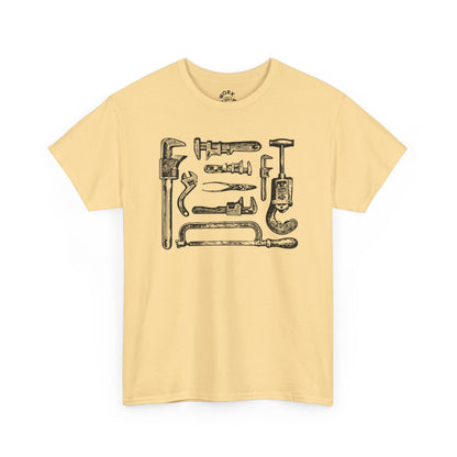 Beige t-shirt with black graphic design of pliers on a white background
