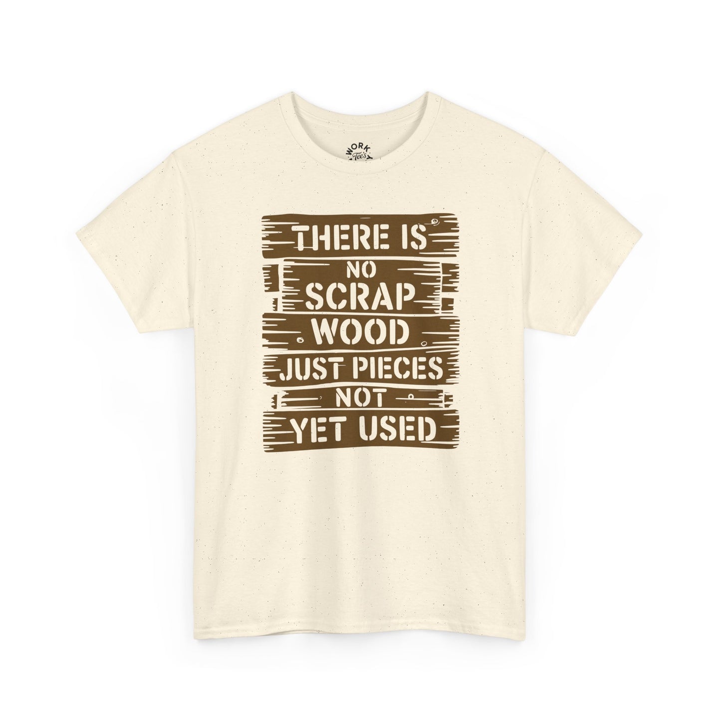 Beige t-shirt with brown text on a white background