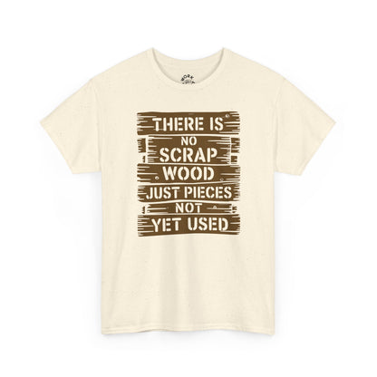 Beige t-shirt with brown text on a white background