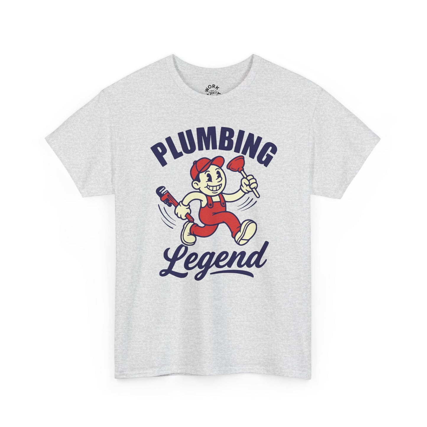 White t-shirt with cartoon character and 'Plumbing Legend' text on a white background