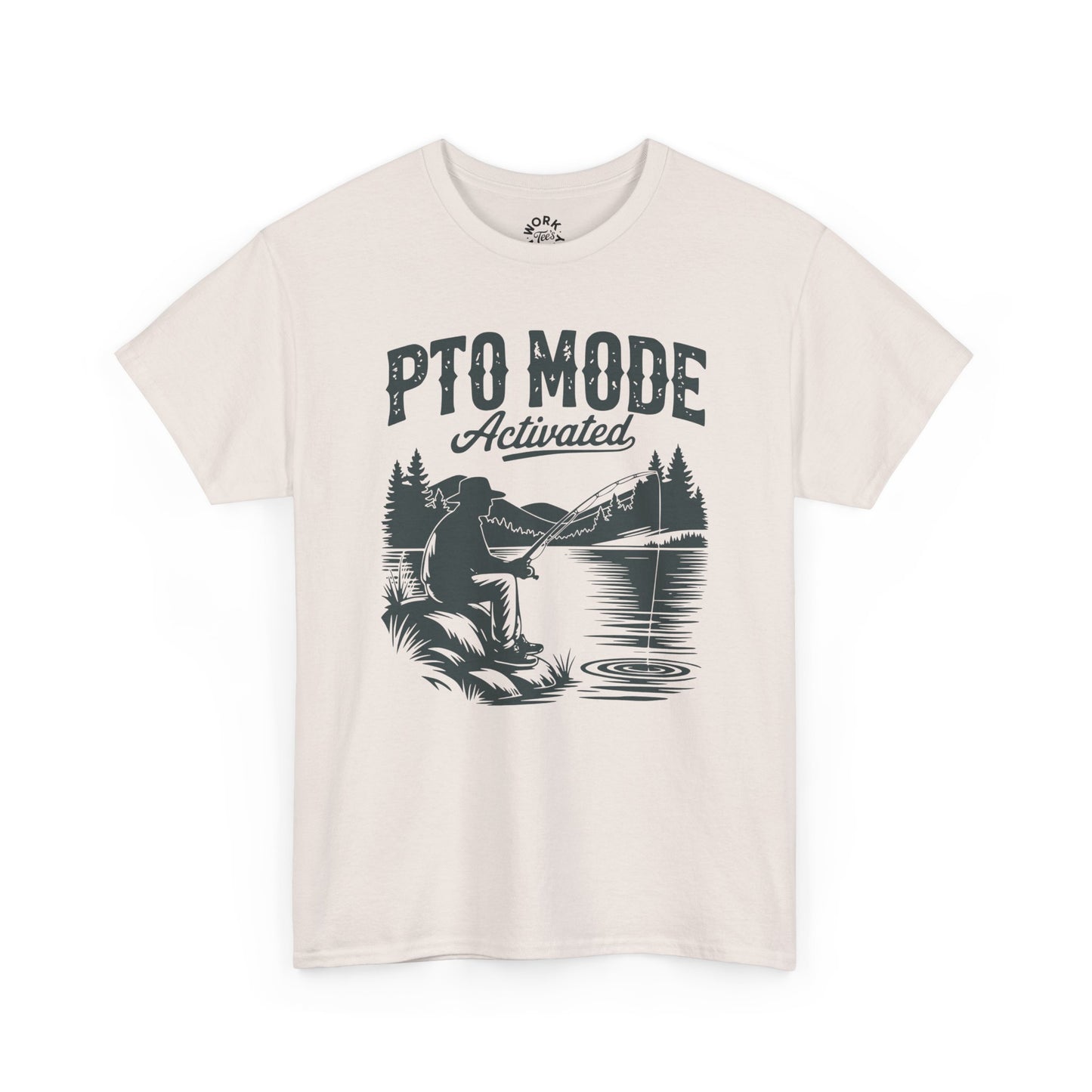 Beige t-shirt with black graphic and text 'PTO Mode Activated' on a white background