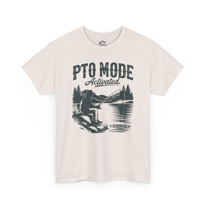 Beige t-shirt with black graphic and text 'PTO Mode Activated' on a white background