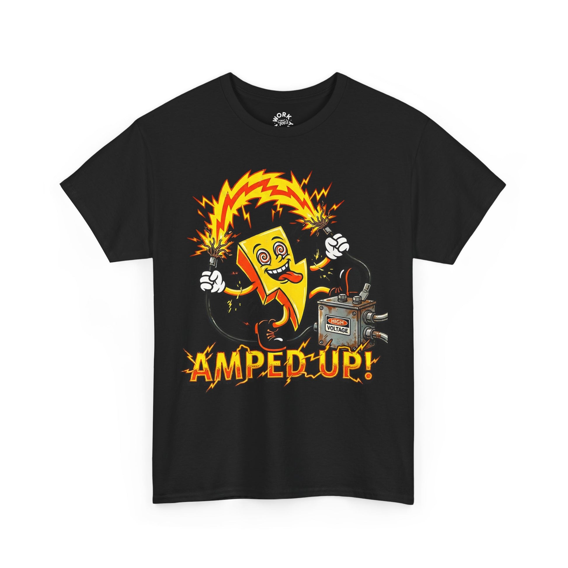 Black t-shirt with a colorful graphic design of a character with flames and the text 'Amped Up!' on a white background.