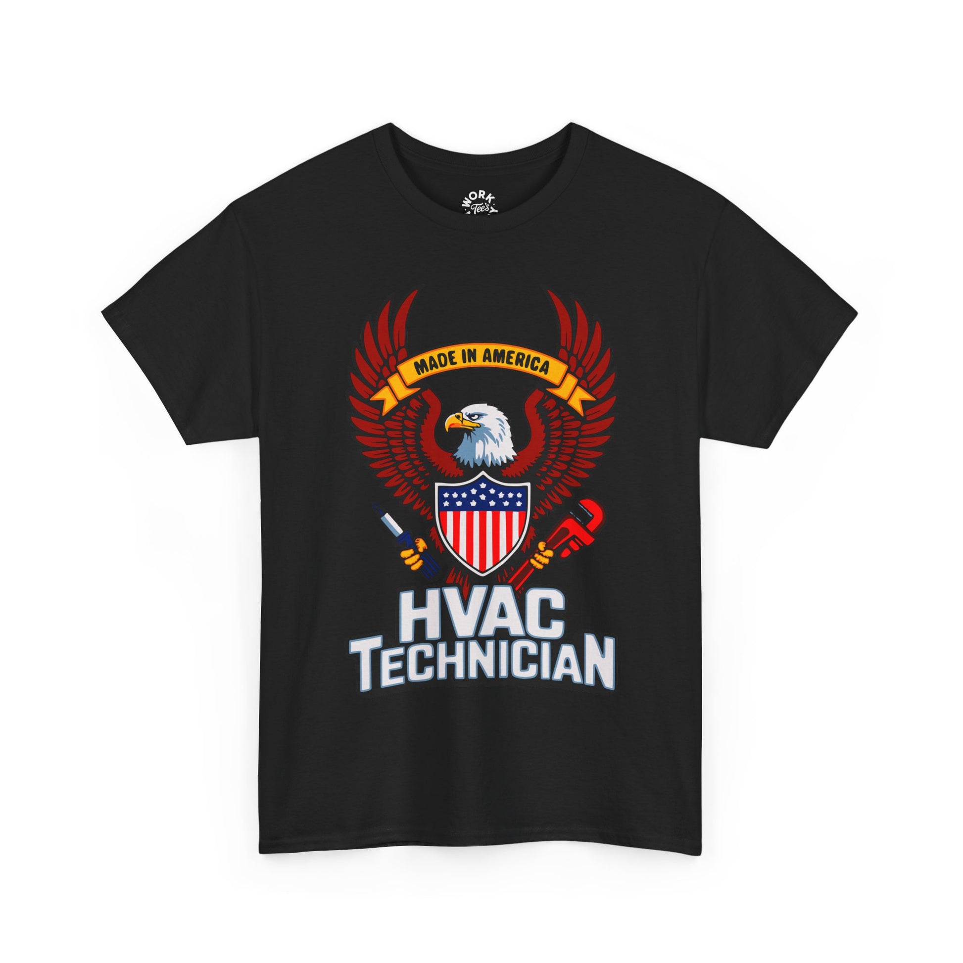 Black t-shirt with HVAC Technician graphic featuring an eagle and American flag on a white background