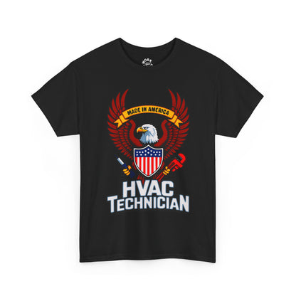 Black t-shirt with HVAC Technician graphic featuring an eagle and American flag on a white background