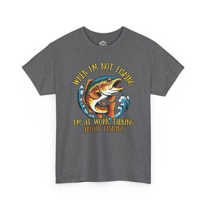 Gray t-shirt with fishing graphic and text on a white background