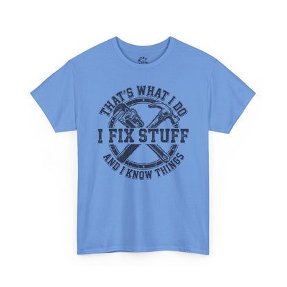 Light blue t-shirt with graphic design and text on a white background