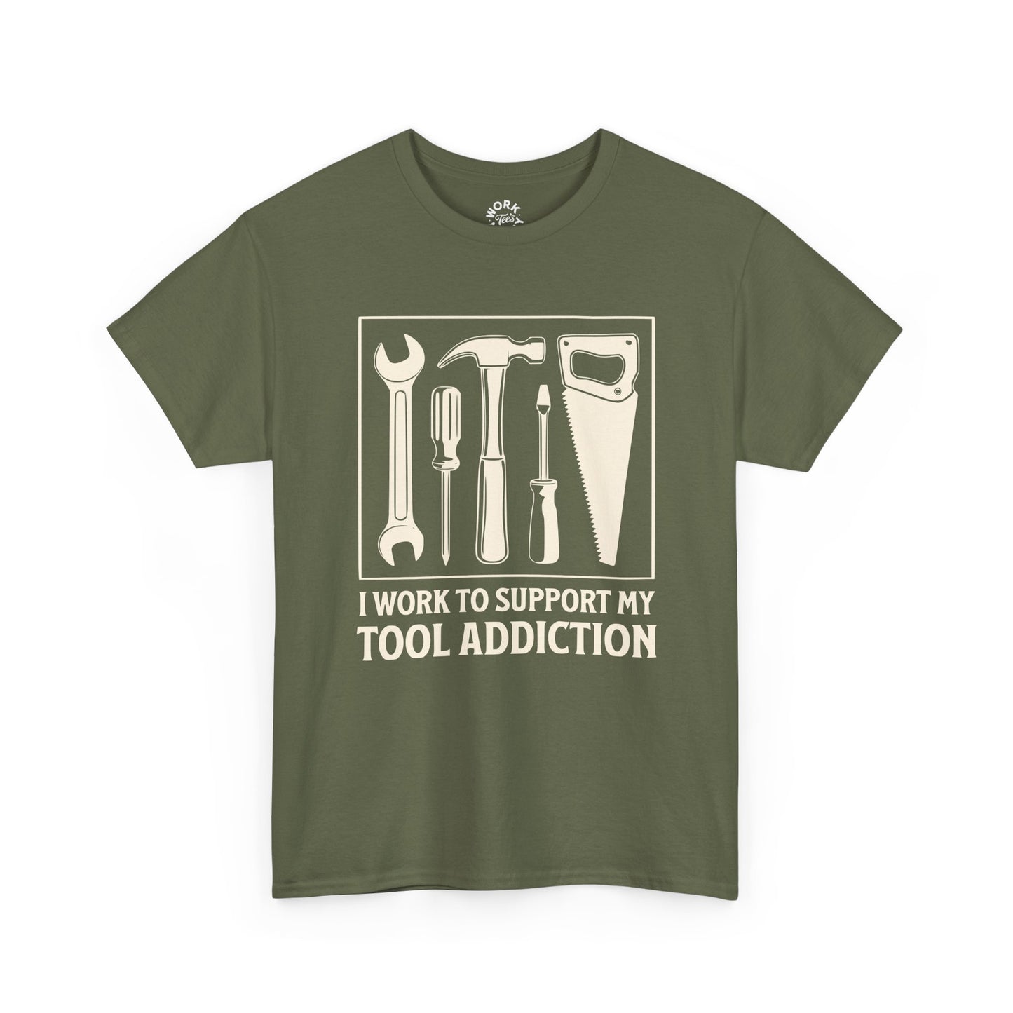 Green t-shirt with tool graphic and text on a white background
