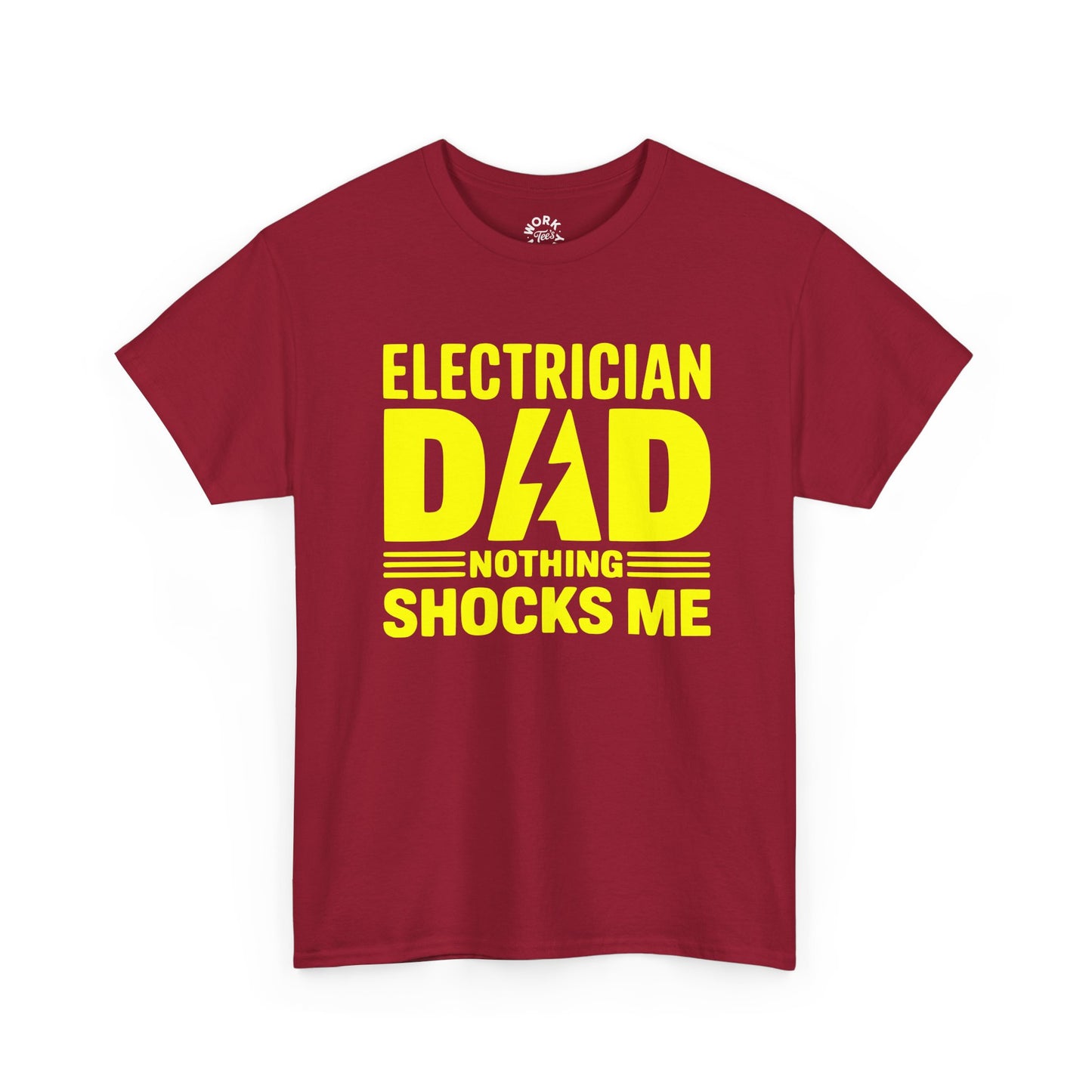 Red t-shirt with yellow text 'Electrician Dad Nothing Shocks Me' on a white background
