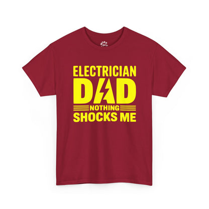 Red t-shirt with yellow text 'Electrician Dad Nothing Shocks Me' on a white background