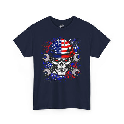 Navy blue t-shirt with a skull wearing an American flag helmet and crossed wrenches design on a white background.