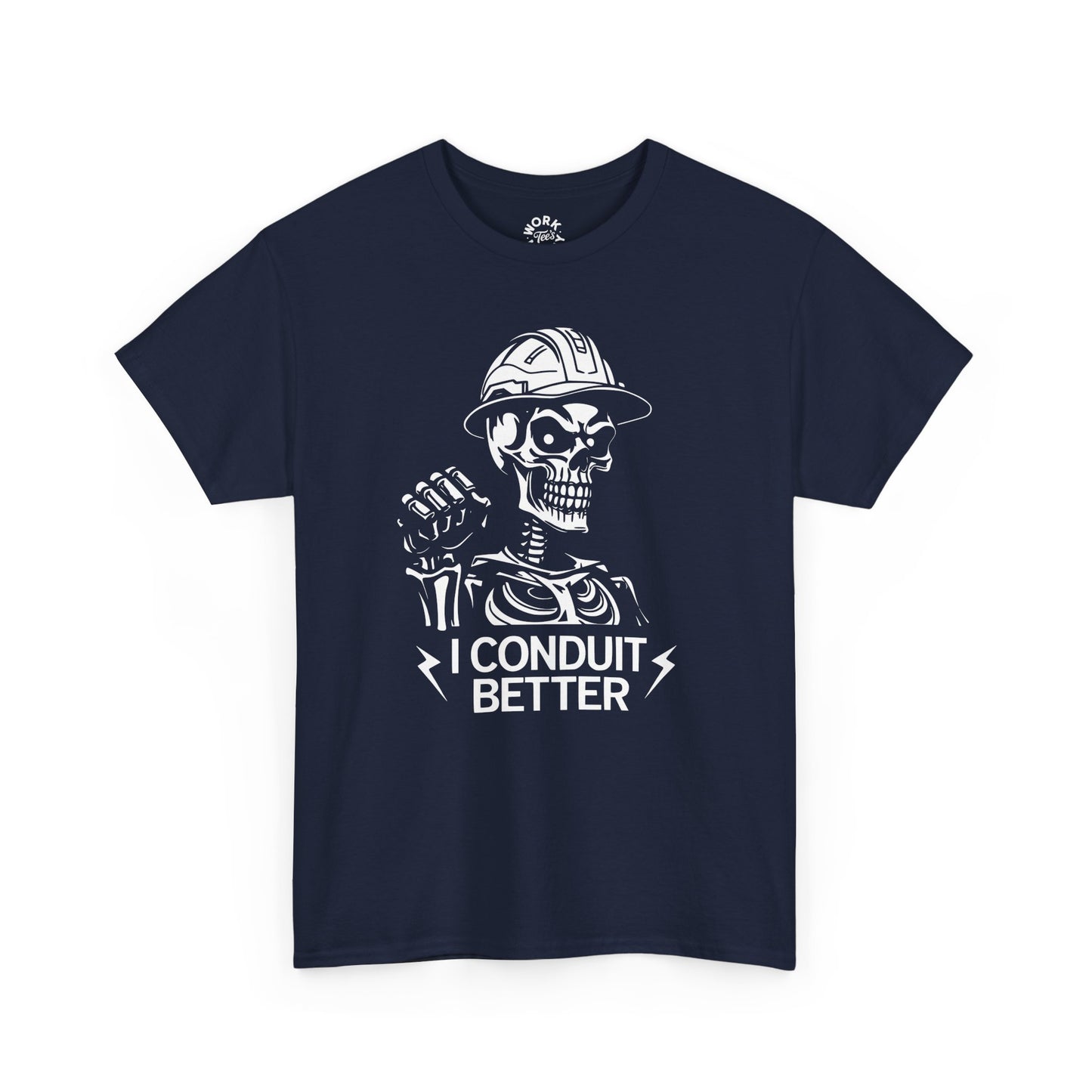 Navy blue t-shirt with a skeleton graphic and text on a white background