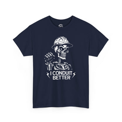 Navy blue t-shirt with a skeleton graphic and text on a white background