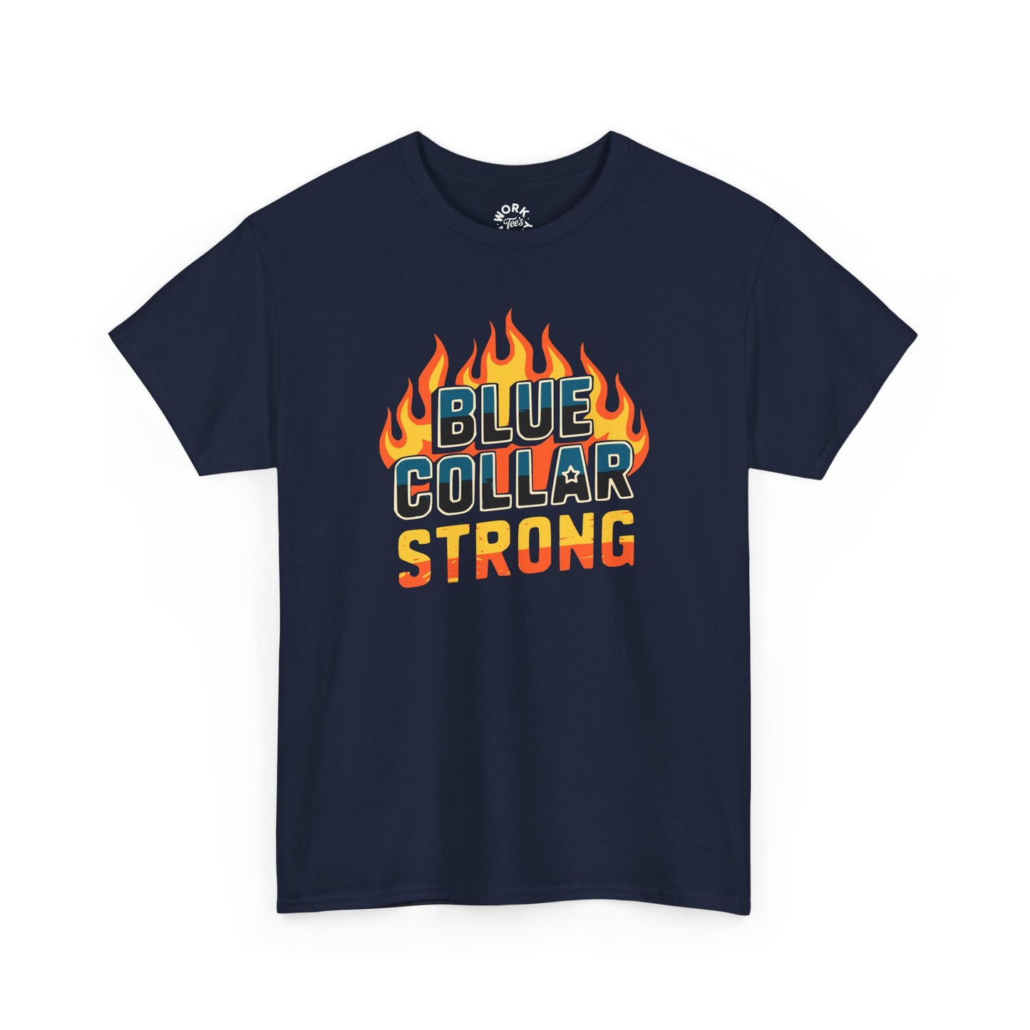 Navy blue t-shirt with 'Blue Collar Strong' text and flames on a white background